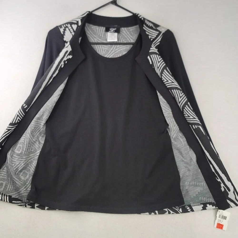 Vintage Libra Open Front Cardigan S Black White Geometric Artsy 90s Monochrome